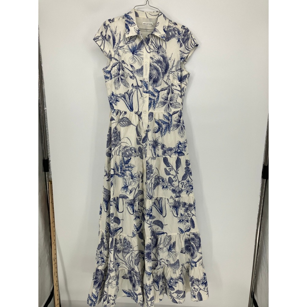 Avec Les Filles Blue White Floral Toile Tiered Maxi Dress Size 8 Button Front
